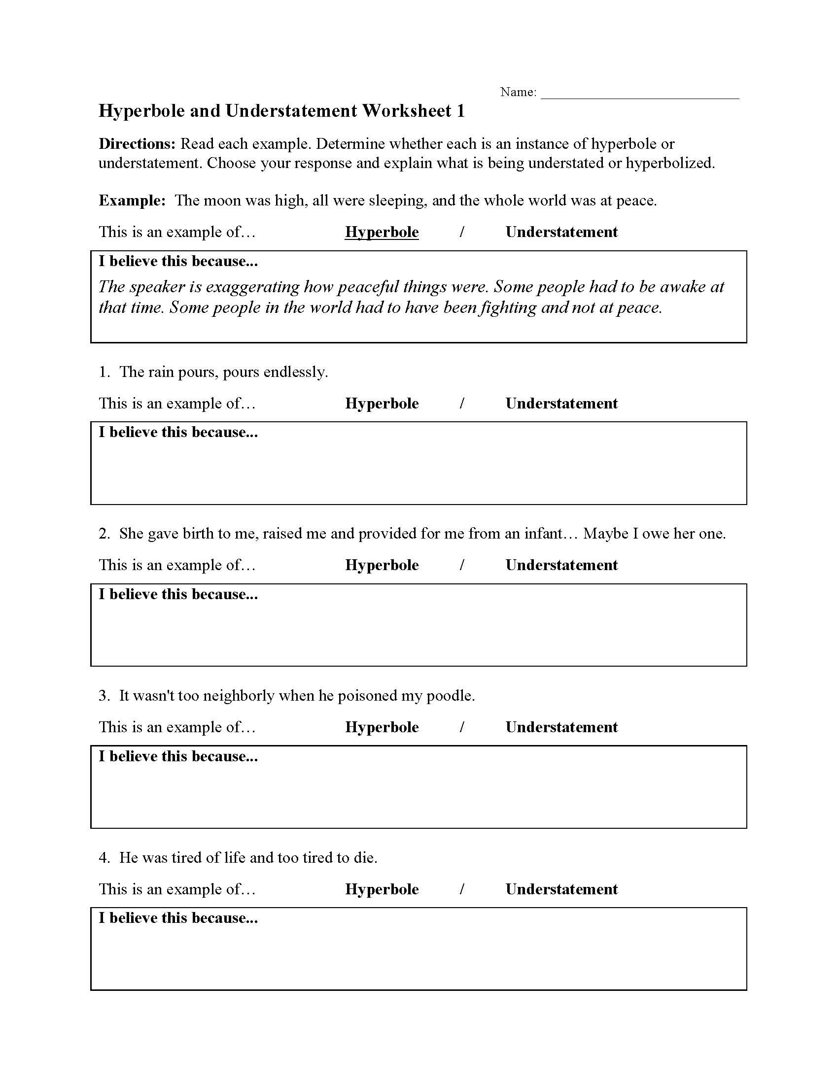 Hyperbole And Understatement Worksheet 1  Preview And Hyperbole Worksheet 1 Answers
