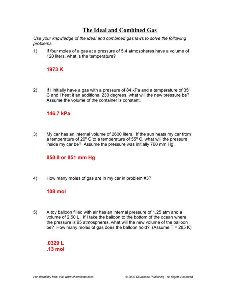 Ideal Gas Law Worksheet Pv  Nrt And Combined Gas Law Worksheet Answer Key