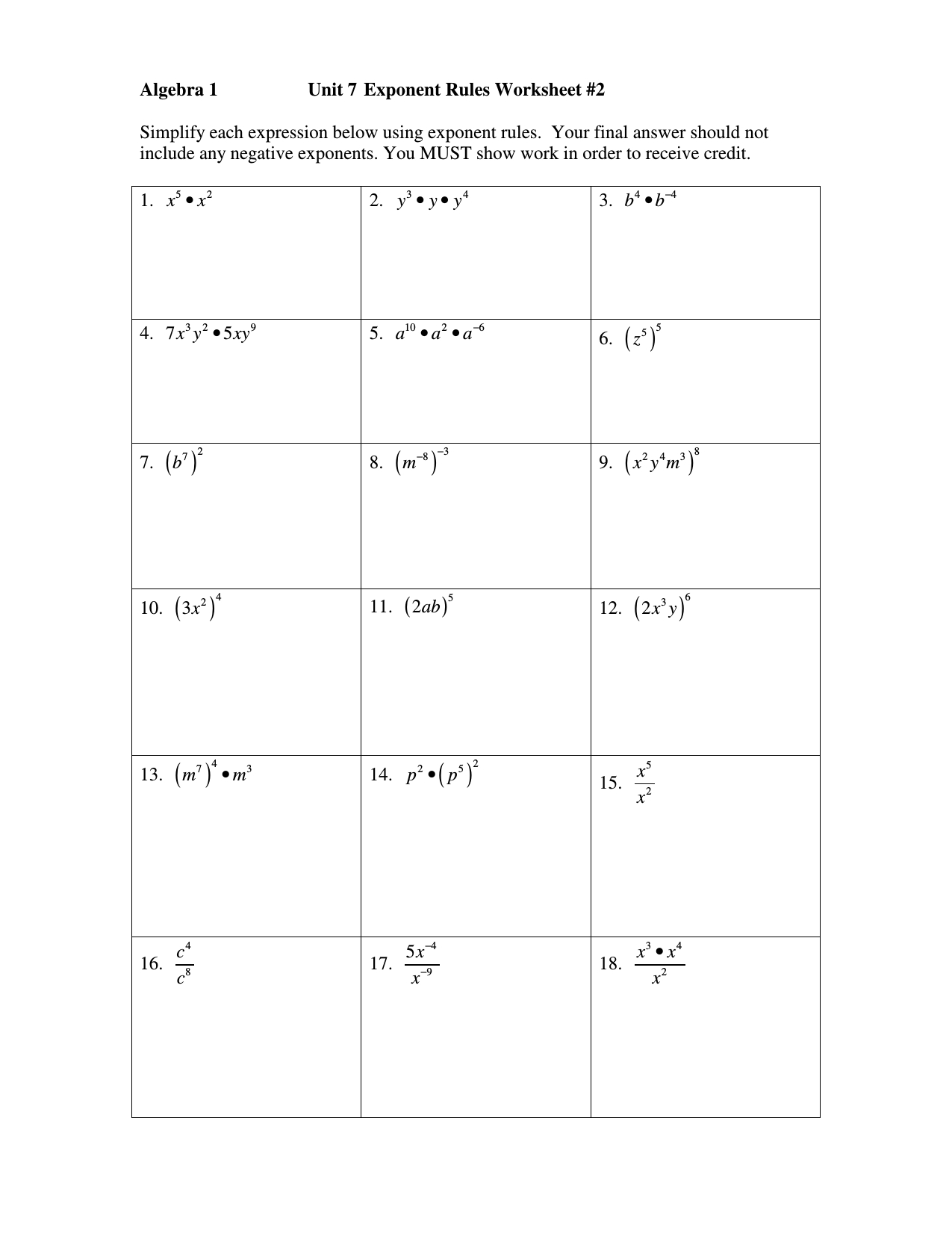 Ideas Of Algebra 1 Unit 7 Exponent Rules Worksheet 2 Simplify Each With Exponent Rules Worksheet With Answers