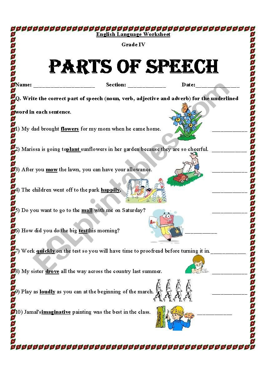 Identify Parts Of Speech  Esl Worksheetmariajane Pertaining To Identifying Parts Of Speech Worksheet