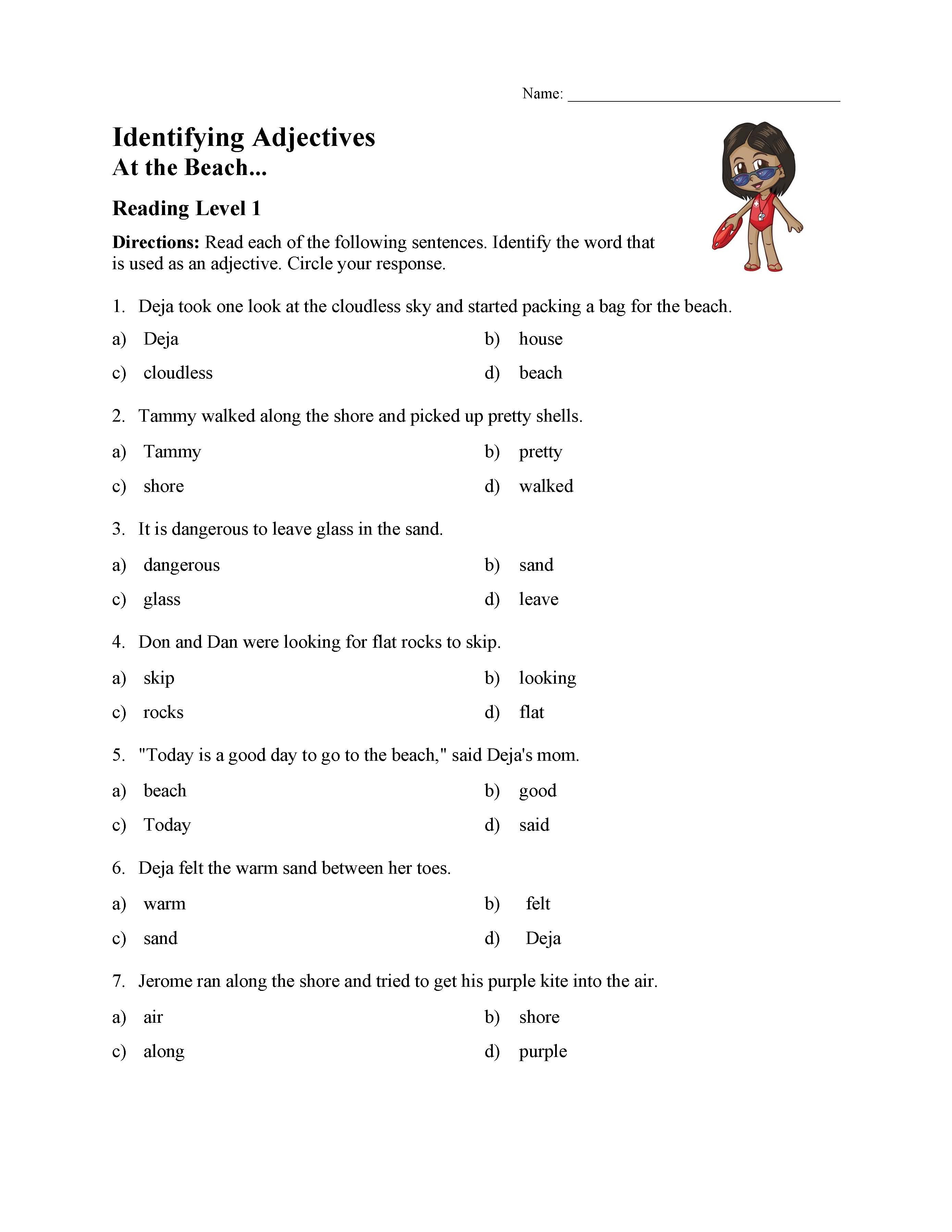 Identifying Adjectives Test 1  Reading Level 1  Preview With Identifying Adjectives Worksheet