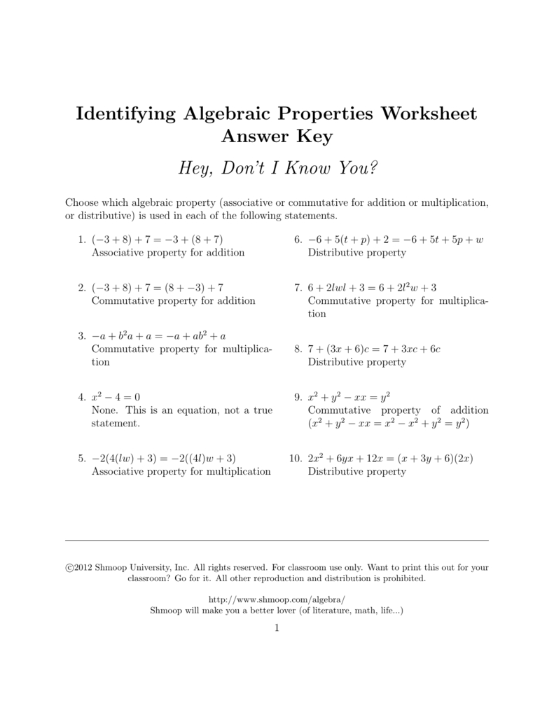 Identifying Algebraic Properties Worksheet Answer Key Intended For Algebraic Properties Worksheet