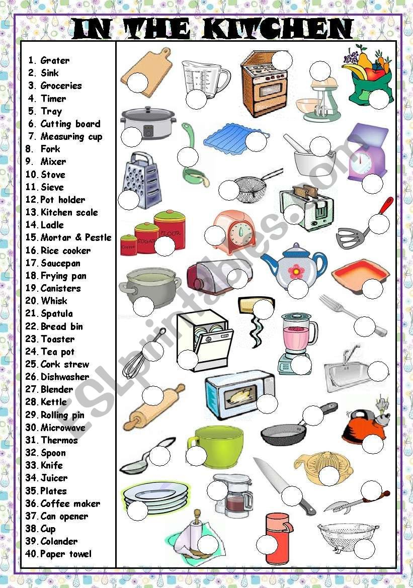 In The Kitchen  Utensils And Appliances Key And Bw Version With Regard To Kitchen Utensils And Appliances Worksheet Answers