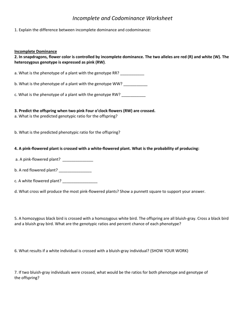 Incomplete And Codominance Worksheet As Well As Incomplete Dominance And Codominance Practice Problems Worksheet Answer Key