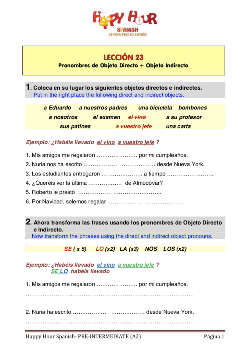 Indirectdirectobjectpronounsworksheet Inside Direct Object Pronouns Spanish Worksheet