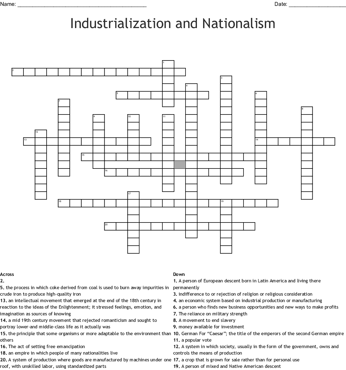 Industrialization And Nationalism Crossword  Wordmint Within Industrialization And Nationalism Worksheet Answers