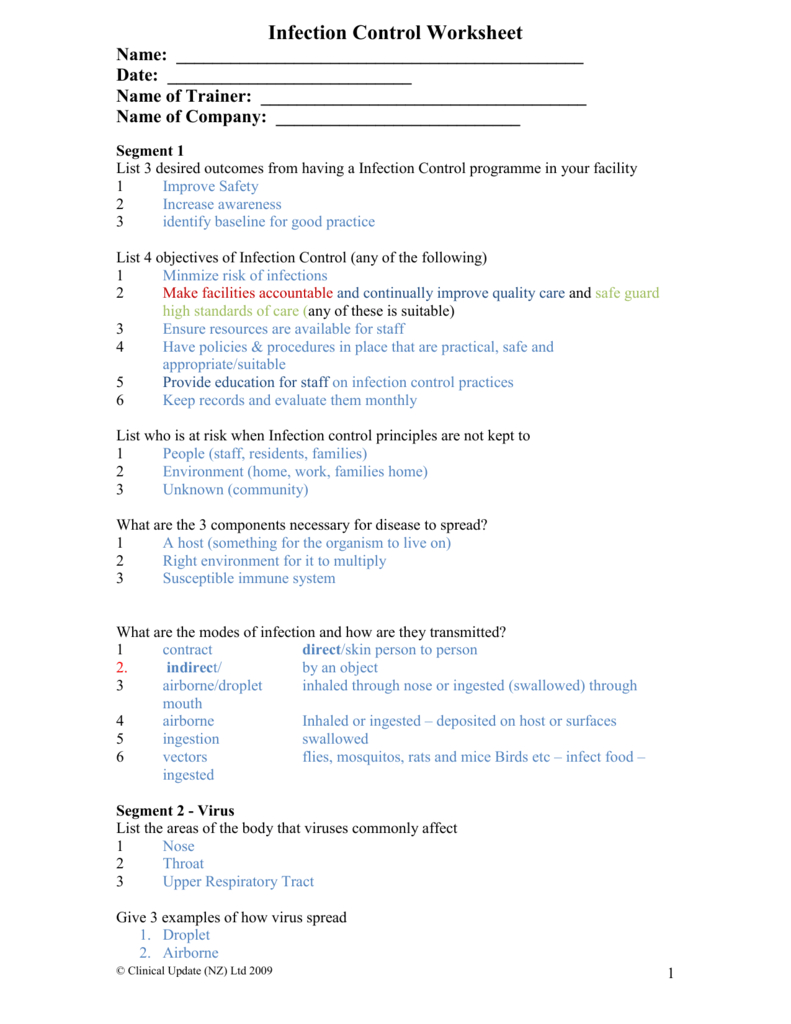 Infection Control Worksheet As Well As Principles Of Infection Control Worksheet Answers