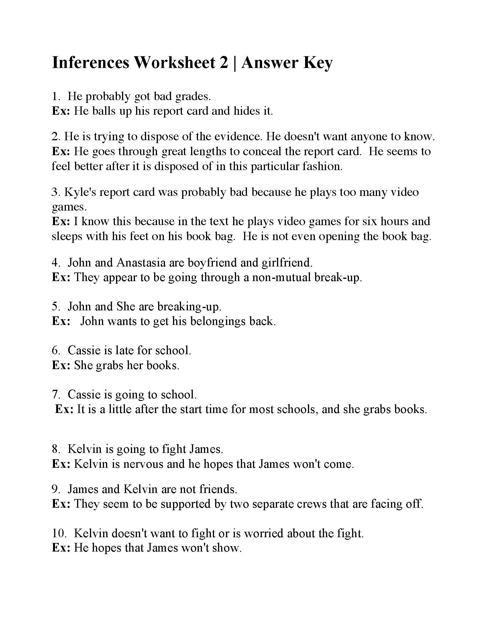Inferences Worksheet 2  Answers Within Inferences Worksheet 2