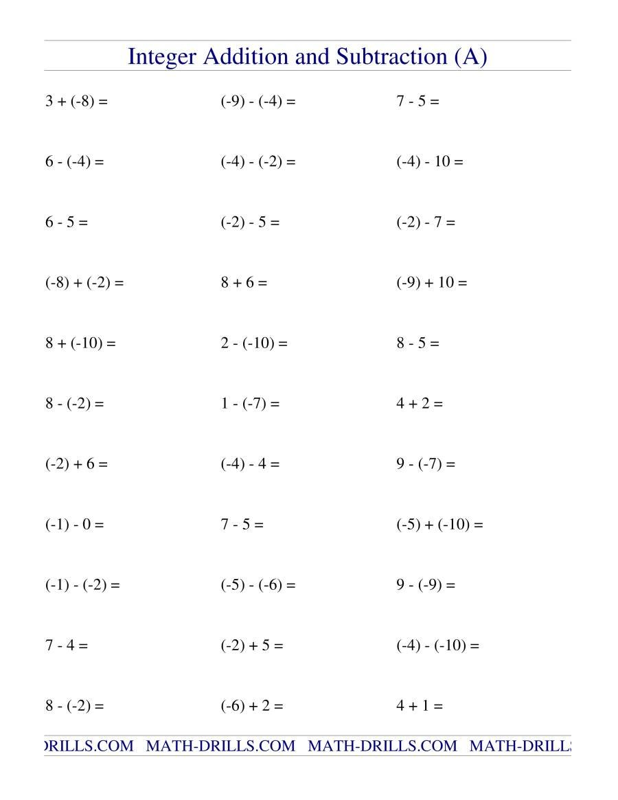 Integer Addition And Subtraction Range 10 To 10 A Intended For 7Th Grade Adding And Subtraction Of Integers Worksheet With Answers