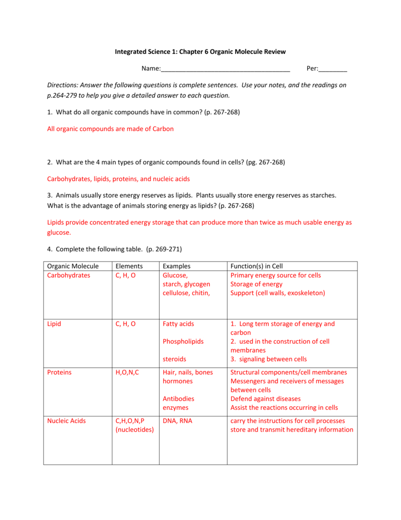 Integrated Science 1 Chapter 6 Organic Molecule Review Name Inside Organic Molecules Worksheet Review