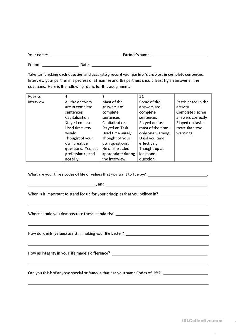 Interview Questions For A Character Education Paper On "codes Of For Character Education Worksheets