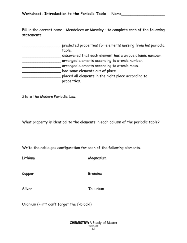 Intro To Periodic Table Worksheet Or Introduction To Periodic Table Lab Activity Worksheet Answer Key