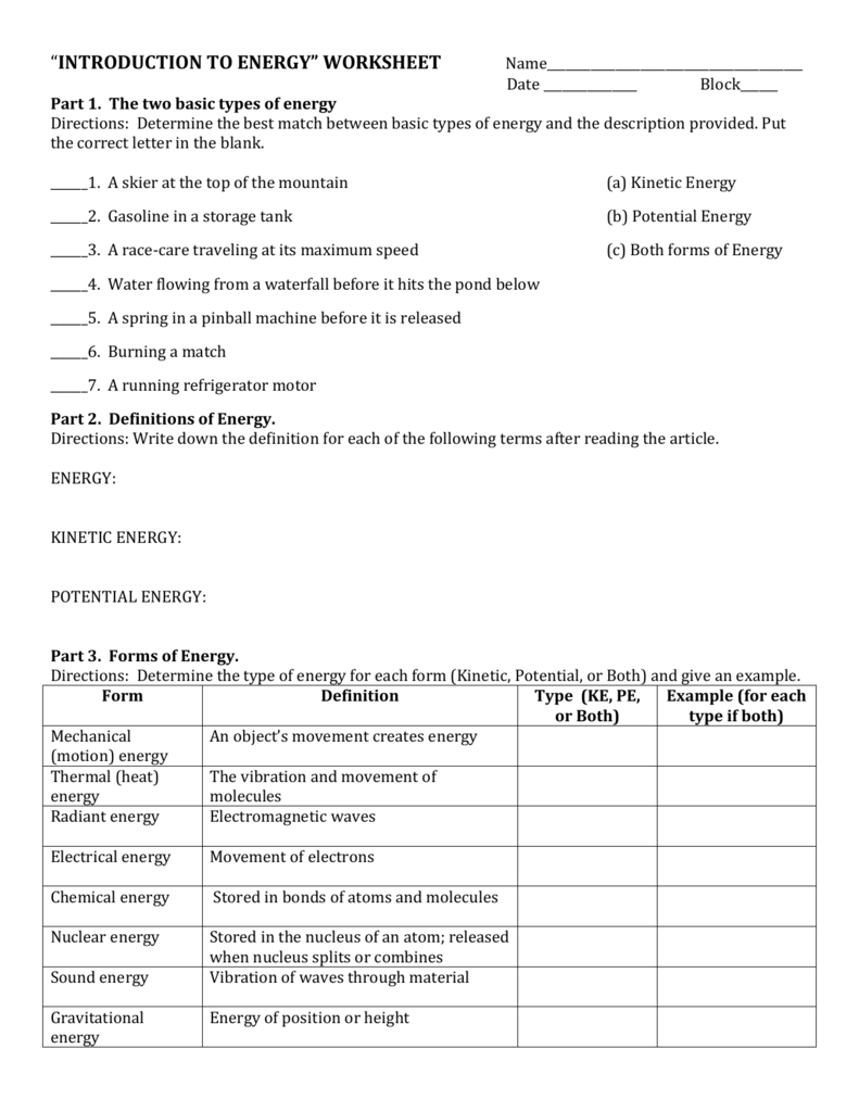 Introduction To Energy Worksheet As Well As Forms Of Energy Worksheet