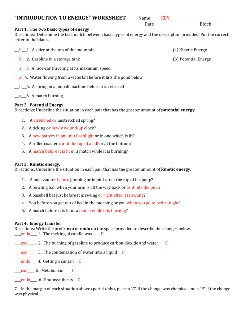 Introduction To Energy Worksheet Within Forms Of Energy Worksheet Answer Key