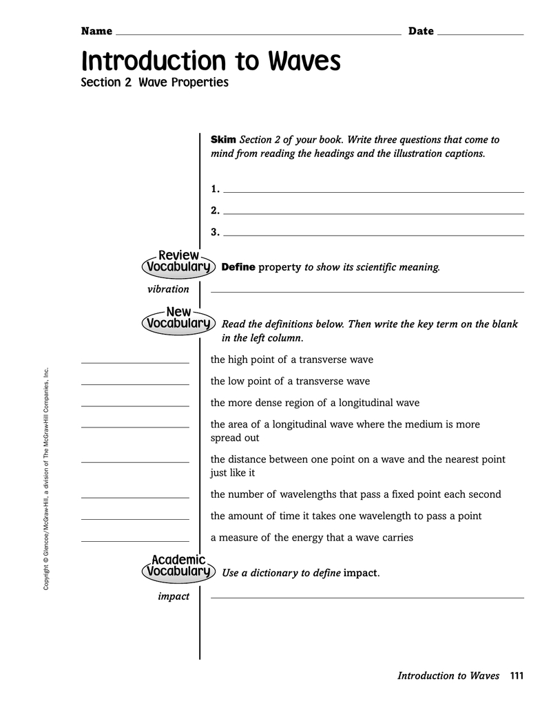 Introduction To Waves Or Section 3 The Behavior Of Waves Worksheet Answers