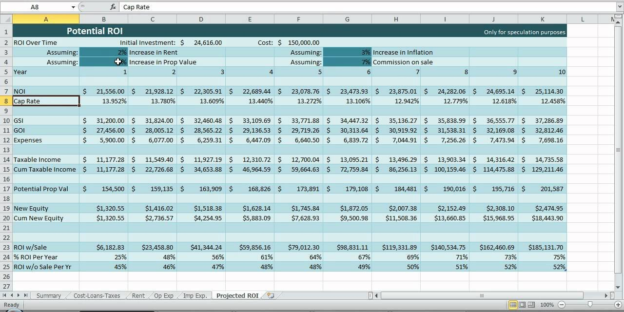Investment Property Spreadsheet Real Estate Excel Roi Income Noi ... Pertaining To Excel Spreadsheet For Real Estate Investment