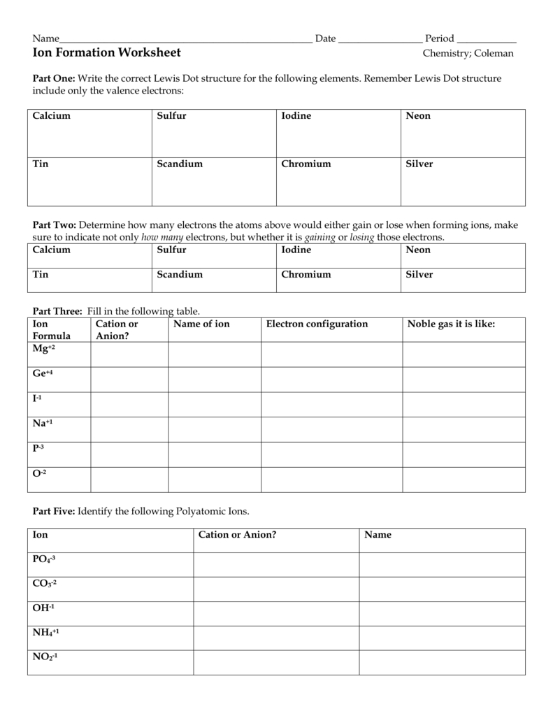 Ion Formation Worksheet Or Valence Electrons And Ions Worksheet
