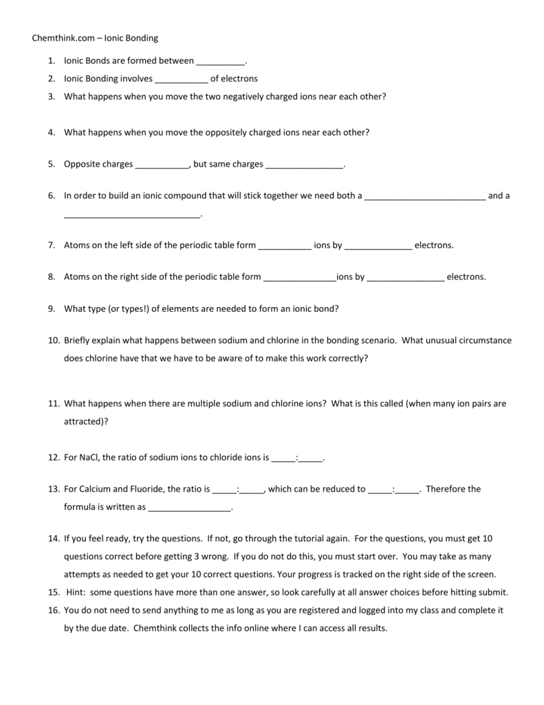 Ionic Bonding And Chemthink Covalent Bonding Worksheet Answers