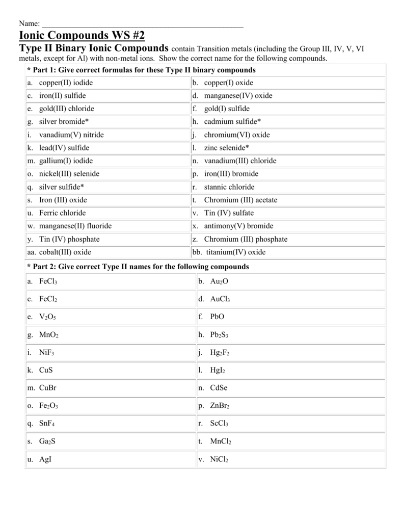 Ionic Compounds Ws 2 Also Binary Ionic Compounds Worksheet