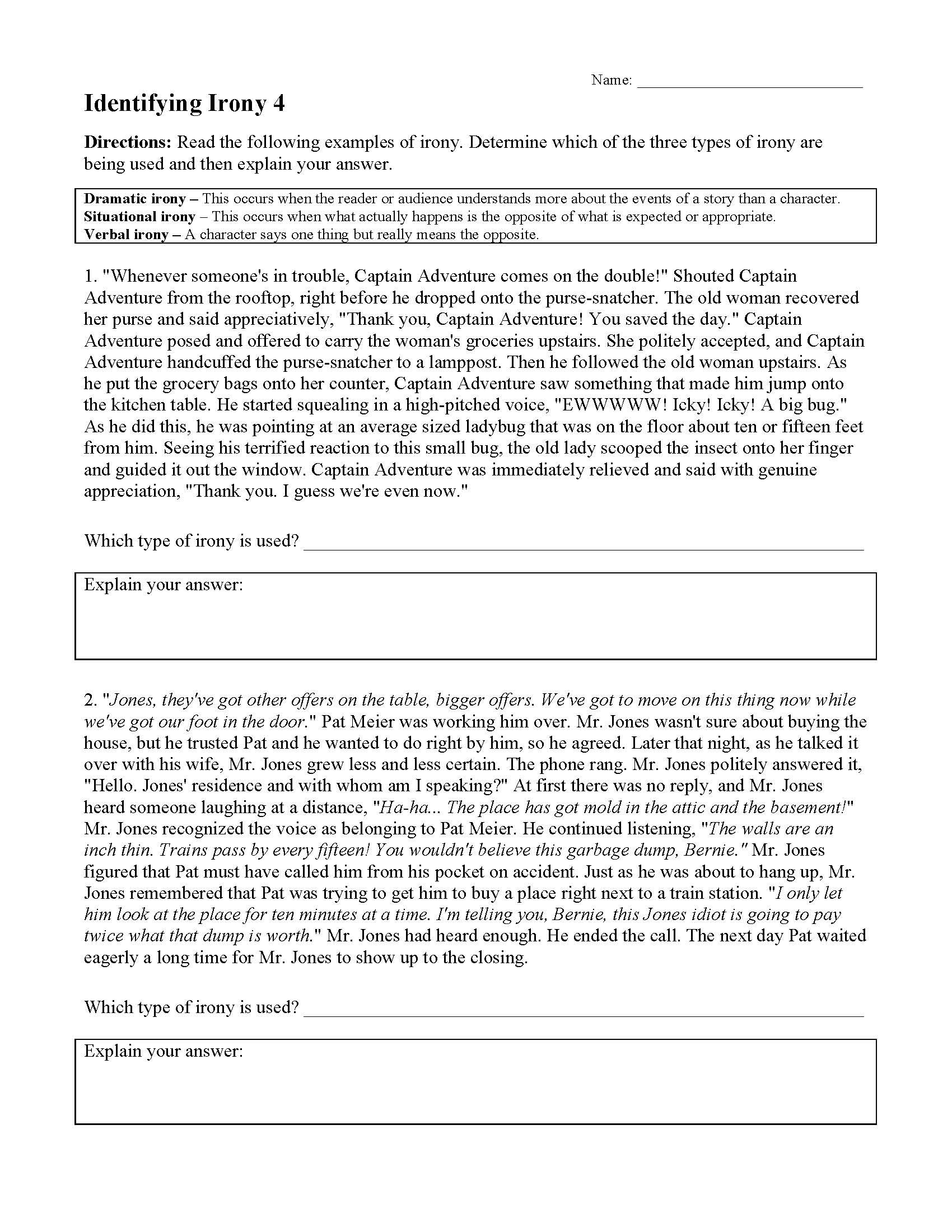 Irony Worksheet 4  Preview Also Identifying Irony Worksheet Answers