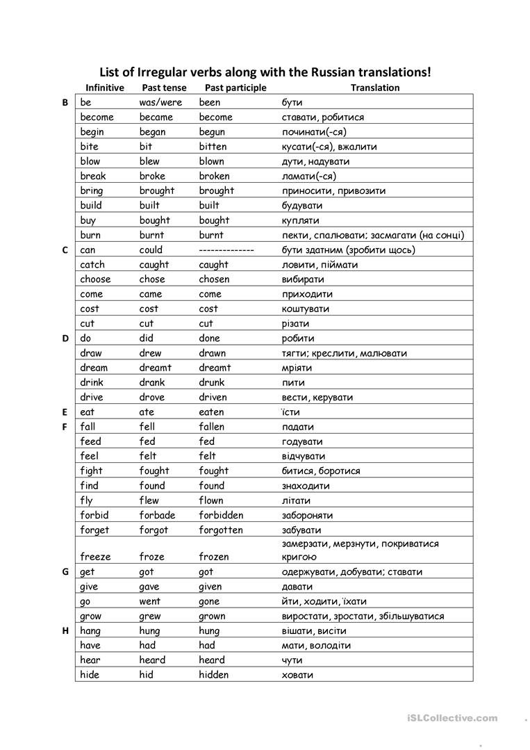 Irregular Verbs Wrussian Translation Worksheet  Free Esl Printable As Well As Russian For Beginners Worksheets