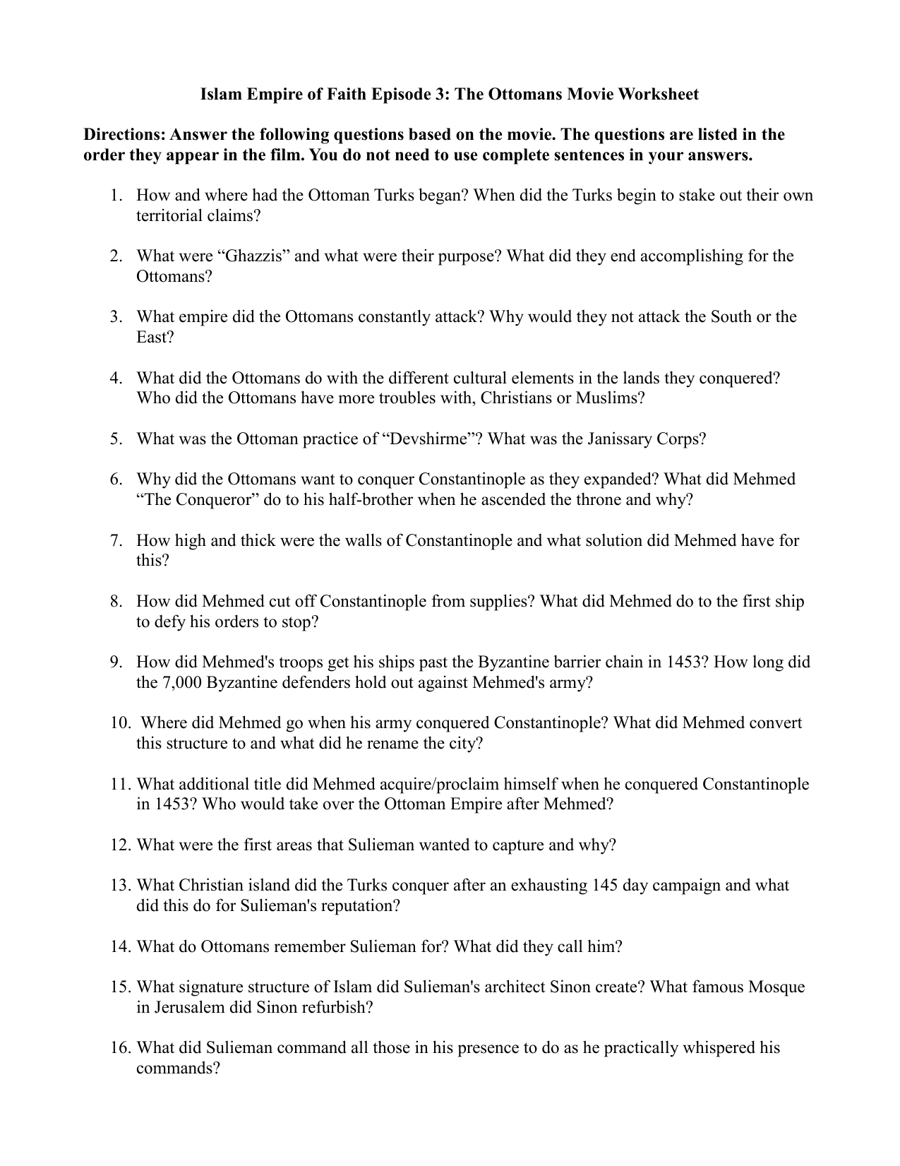 Islam Empire Of Faith Episode 3 The Ottomans Movie Worksheet With Regard To Islam Empire Of Faith Part 1 Worksheet Answers