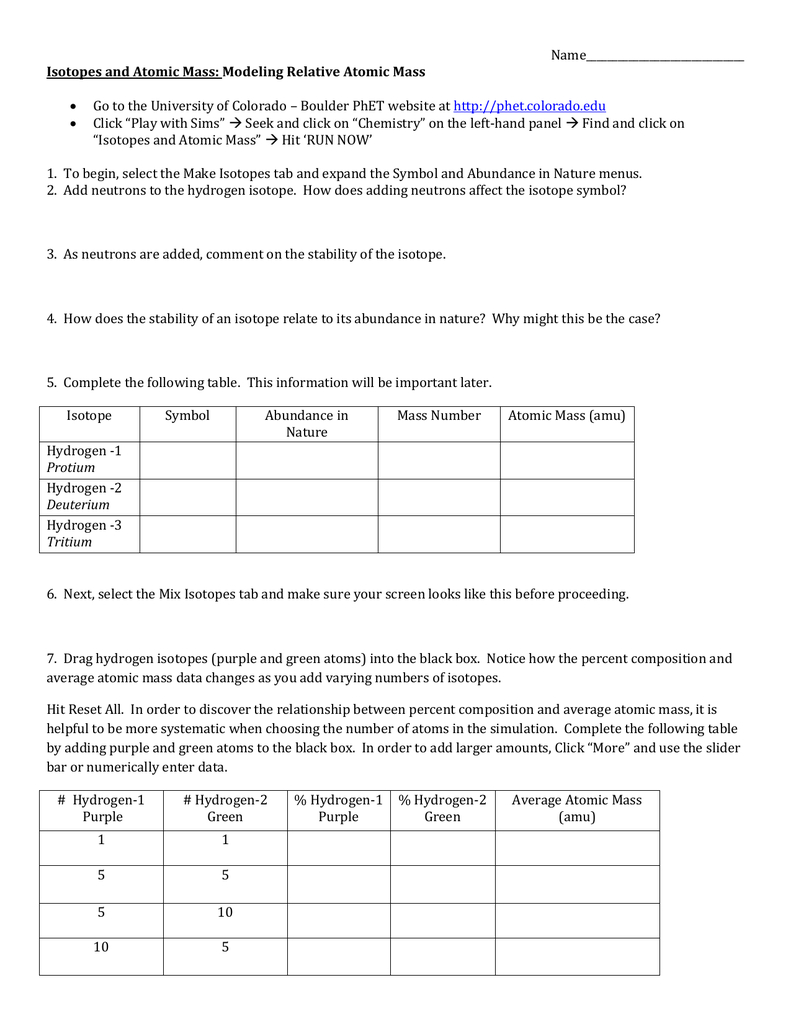 Isotopes And Atomic Mass Together With Phet Isotopes And Atomic Mass Worksheet Answer Key