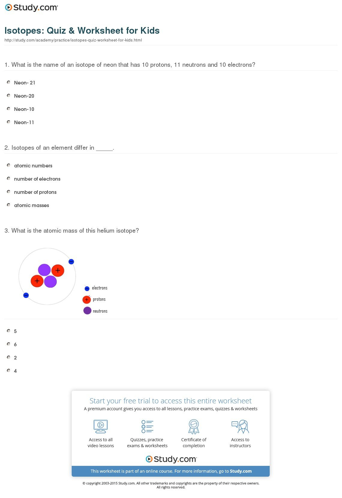 Isotopes Quiz  Worksheet For Kids  Study Also Isotopes Worksheet High School Chemistry