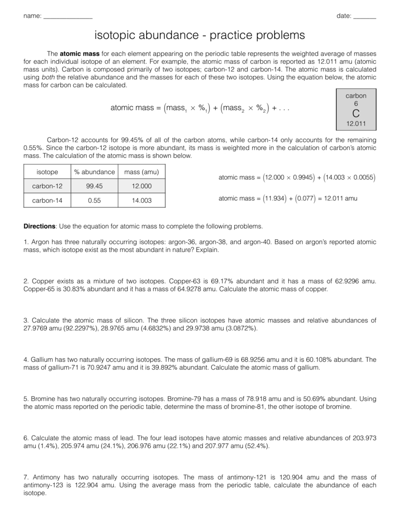 Isotopic Abundance Practice Problems Regarding Abundance Of Isotopes Chem Worksheet 4 3 Answers