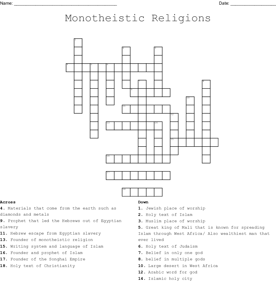 Judaism Christianity And Islam Crossword  Wordmint Also Judaism Christianity And Islam Worksheet