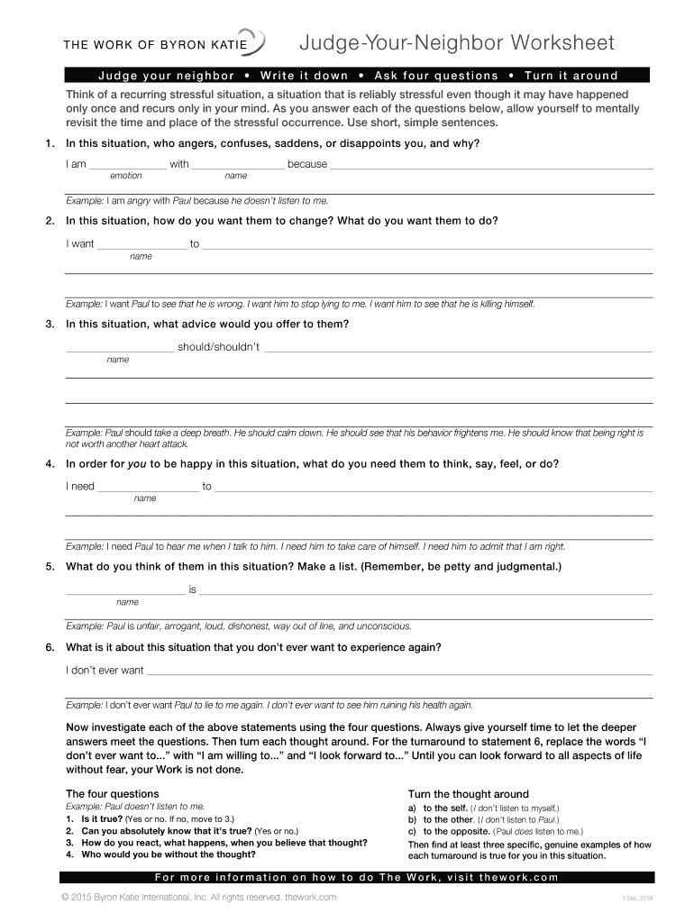 Judge Your Neighbor Worksheet  Fill Online Printable Fillable Inside Byron Katie Worksheet