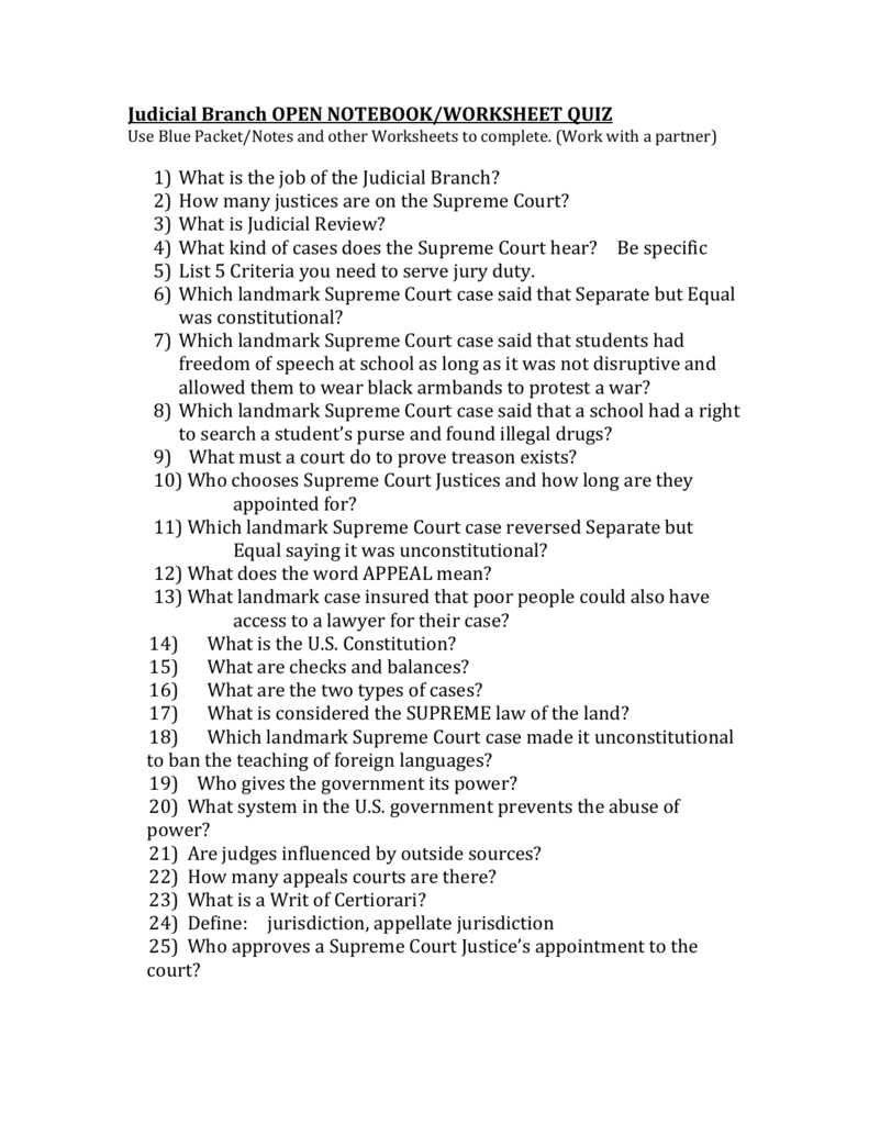 Judicial Branch Open Notebookworksheet Quiz Regarding Judicial Branch Worksheet Answers