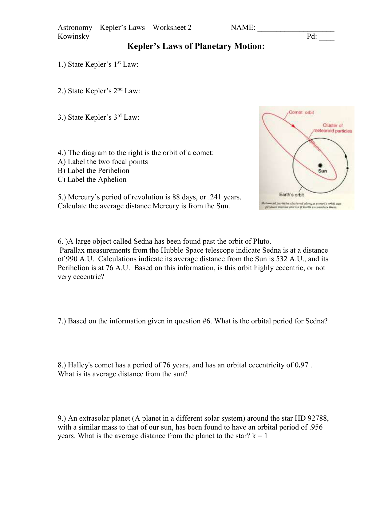 Keplers Laws For Label The Planets Worksheet