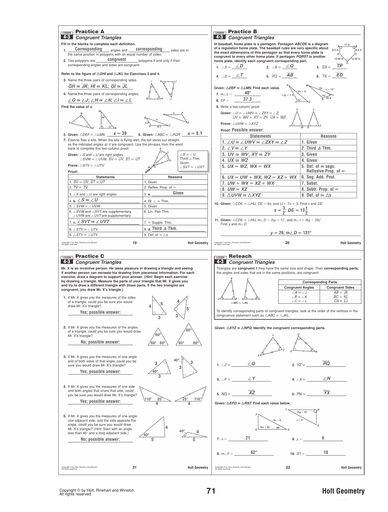 Key Along With 4 3 Practice Congruent Triangles Worksheet Answers