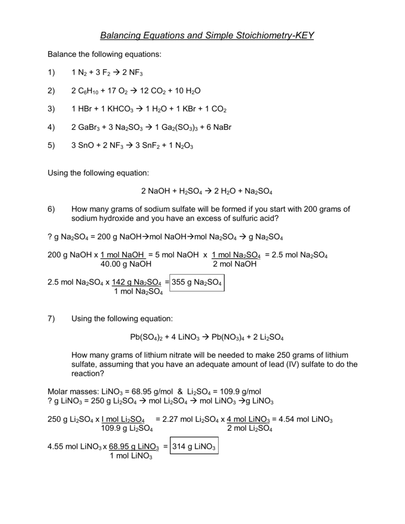 Key Solutions For The Stoichiometry Practice Worksheet For Chapter 6 Balancing And Stoichiometry Worksheet And Key