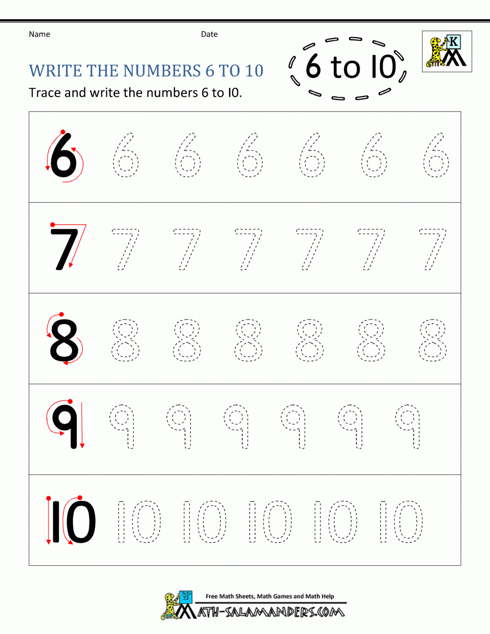 Kindergarten Printable Worksheets  Writing Numbers To 10 Inside Writing Numbers Worksheet