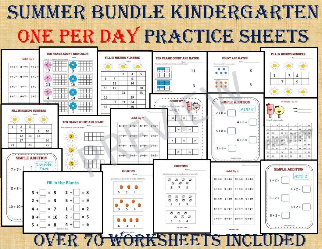 Kindergarten Summer Bundle One Per Day 70 Math Worksheets   Etsy Throughout Preschool Math Worksheets Pdf