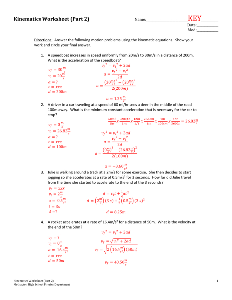 Kinematics Worksheet Part 2 Also Acceleration Worksheet Answer Key