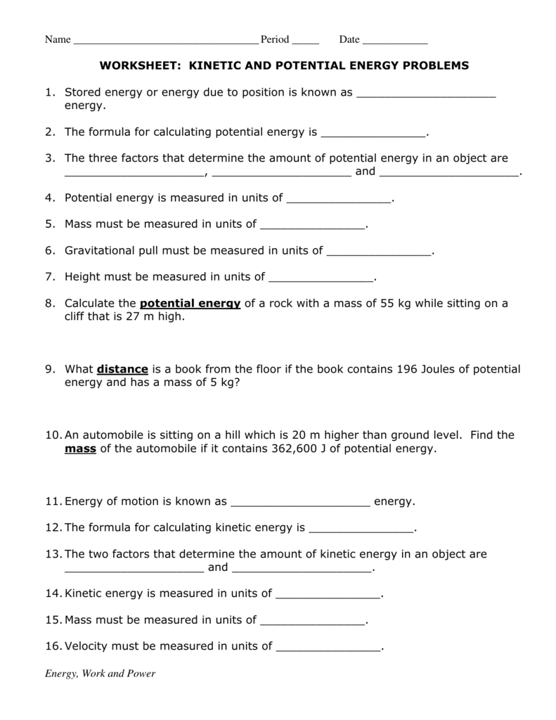 Kinetic And Potential Energy Problems And Potential And Kinetic Energy Worksheet Answer Key