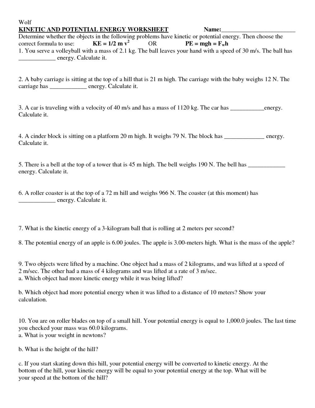 Kinetic And Potential Energy Problems Worksheet Answers Also Kinetic And Potential Energy Worksheet Answer Key