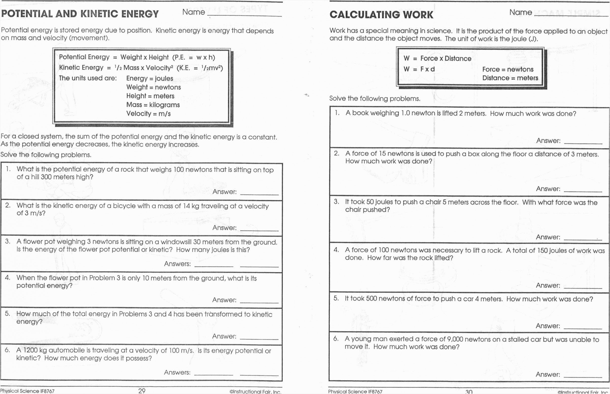 Kinetic And Potential Energy Worksheet Answers 5Th Grade Math For Energy Worksheets Grade 5