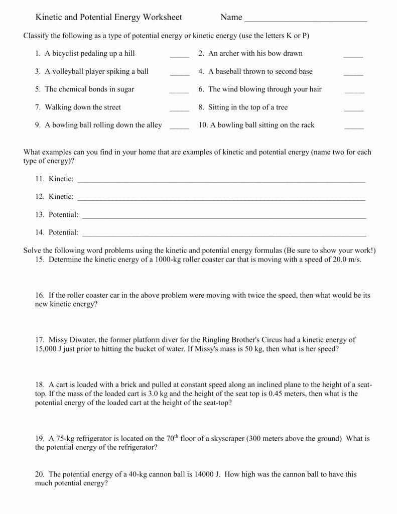 Kinetic And Potential Energy Worksheet Answers  Soccerphysicsonline Together With Kinetic And Potential Energy Worksheet Pdf