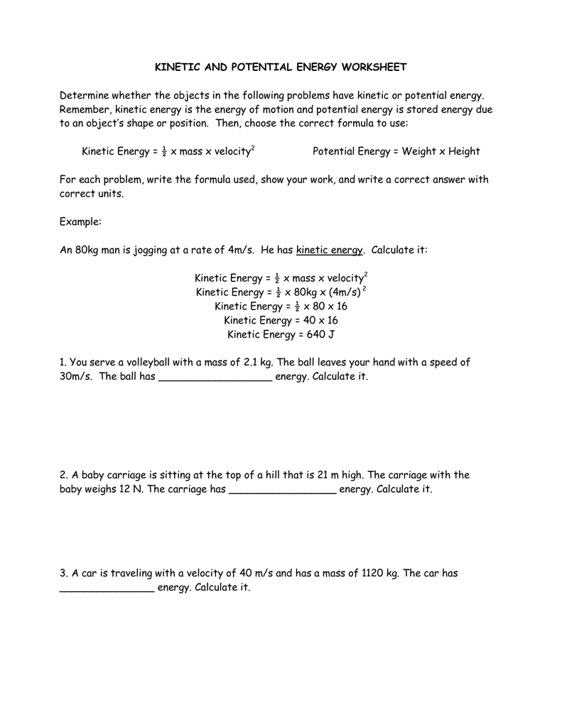 Kinetic And Potential Energy Worksheet Determine Or Kinetic And Potential Energy Worksheet