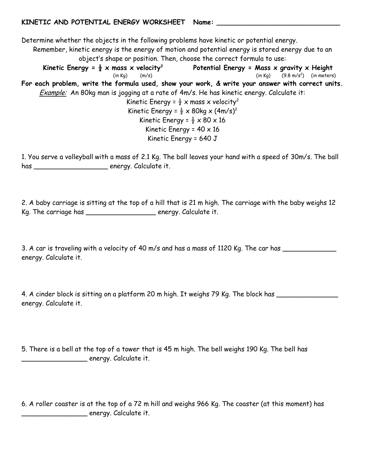Kinetic And Potential Energy Worksheet Inside Potential And Kinetic Energy Roller Coaster Worksheet