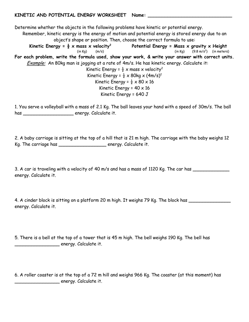 Kinetic And Potential Energy Worksheet Name As Well As Kinetic And Potential Energy Problems Worksheet Answers
