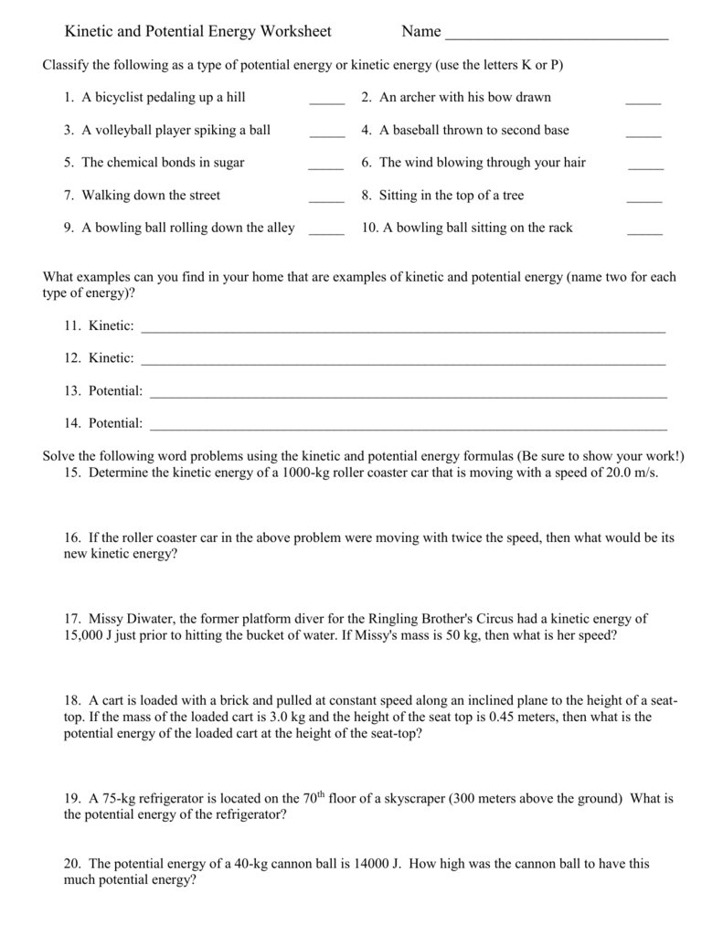 Kinetic Energy And Potential Energy Worksheet Multiplication Also Potential And Kinetic Energy Worksheet Answer Key
