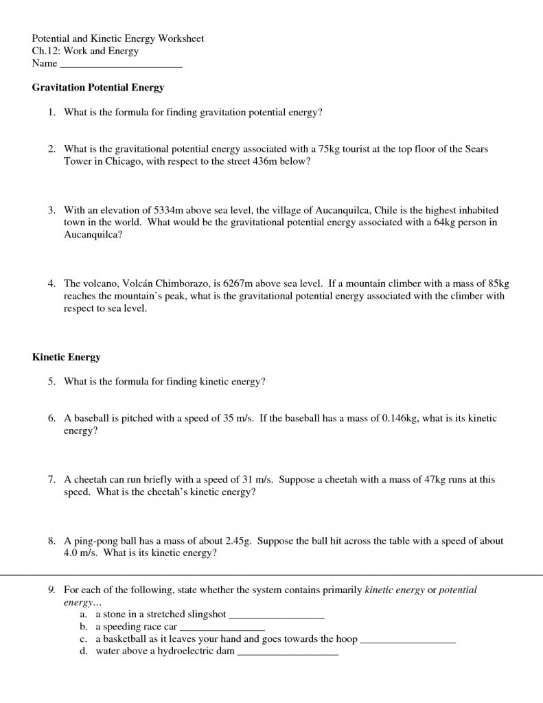 Kinetic Energy And Potential Energy Worksheet  Soccerphysicsonline In Gravitational Potential Energy Worksheet With Answers