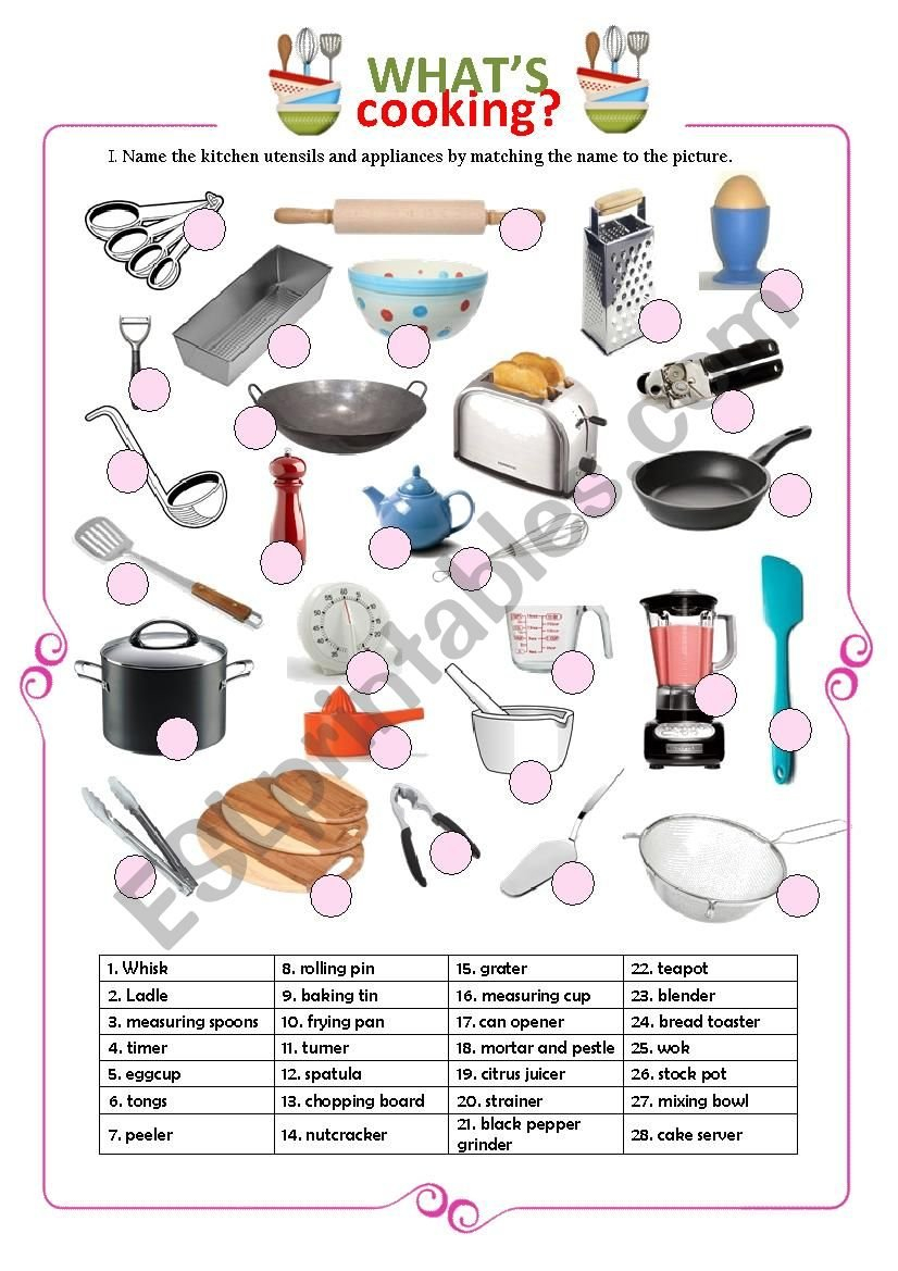 Kitchen And Cooking Utensils  Esl Worksheetmaiagarri As Well As Kitchen Utensils And Appliances Worksheet Answers