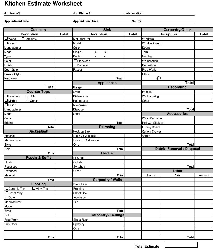 Kitchen Cost Estimate Sheet  Kitchen Cost Calculator With Regard To Tile Estimate Worksheet