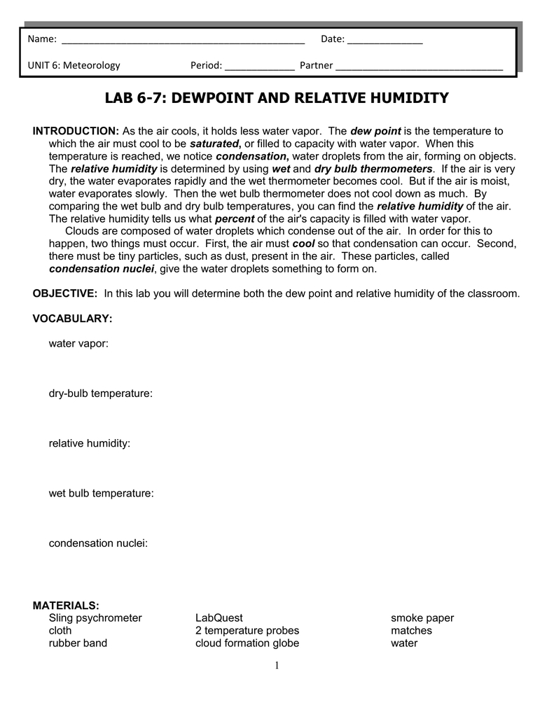 Lab 67 Dewpoint And Relative Humidity As Well As Relative Humidity And Dew Point Worksheet Answer Key